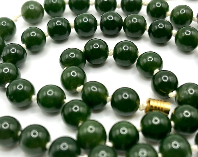 Authentic Spinach Jade Bead Necklace, Hand Knotted With Gold Tone