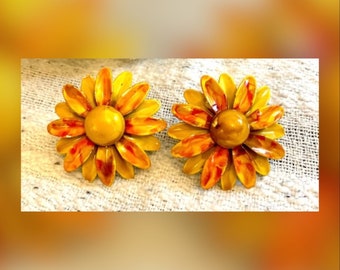 Vintage Weiss Daisy Clips, Upcycled Marbled Enameled Orange and Yellow Daisy Flower Clip-On Earrings