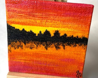 Warm inspiring hand painted art, calming orange unique painting, original yellow-orange sunset mini art