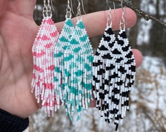 Cow Print Brick Stitch Fringe Earrings