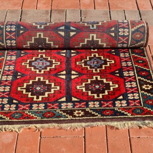 Red runner, Oriental rug, Rug runner, Organic wool rug, Tribal Runner rug, Hallway rug, Corridor rug Blue Red rug,Home Decor.3.18x10.00ft image 10