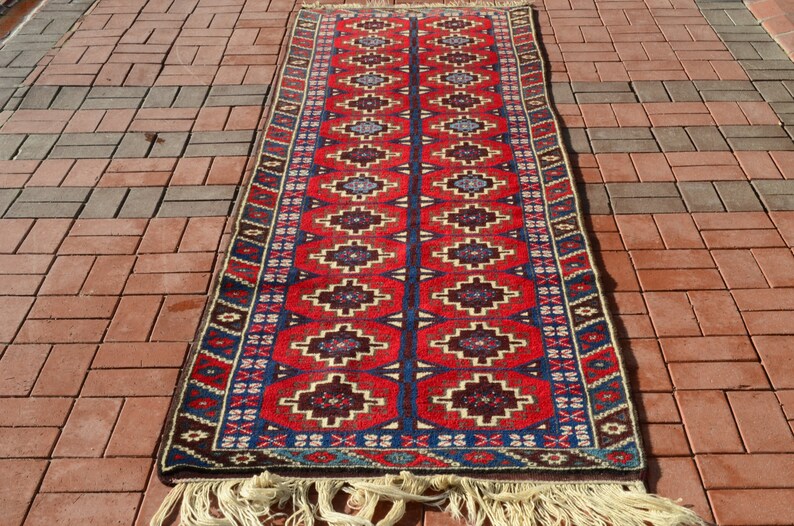 Red runner, Oriental rug, Rug runner, Organic wool rug, Tribal Runner rug, Hallway rug, Corridor rug Blue Red rug,Home Decor.3.18x10.00ft image 1