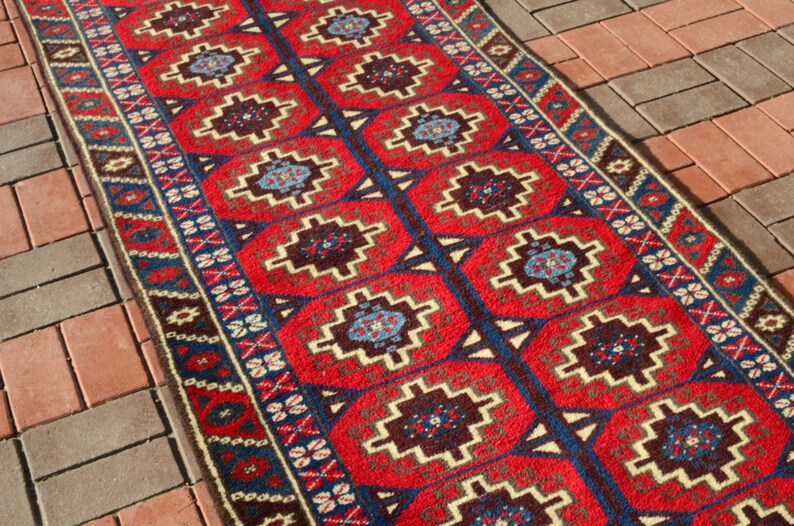 Red runner, Oriental rug, Rug runner, Organic wool rug, Tribal Runner rug, Hallway rug, Corridor rug Blue Red rug,Home Decor.3.18x10.00ft image 3