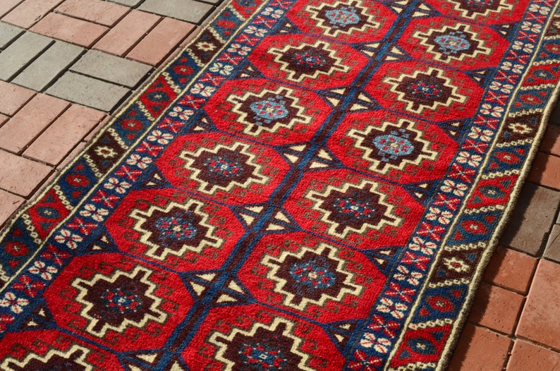 Red runner, Oriental rug, Rug runner, Organic wool rug, Tribal Runner rug, Hallway rug, Corridor rug Blue Red rug,Home Decor.3.18x10.00ft image 2