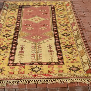Vintage rug, Turkish rug, Handmade carpet, Pastel Color rug, Oushak carpet, Pink rug,  Organic Wool rug, Living Room rug  4.43x7.94ft