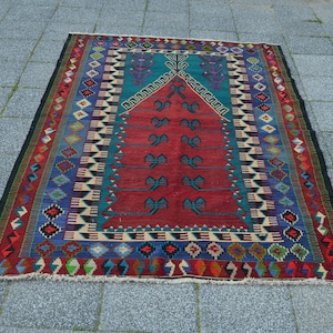 Dote kilim, kilim vintage, kilim turco, alfombra Village Kilim, Kilim de área, kilim de Anatolia, alfombra Kilim de cocina, alfombra Oushak Kilim 4.27x6.56ft
