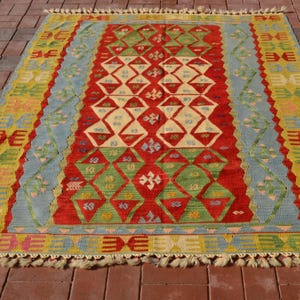 5x8 Large Area kilim, Turkish Kilim rug, Blue kilim, Handmade kilim, Living Room Kilim rug, Organic Wool kilim, Geometric kilim 4.93x7.75ft