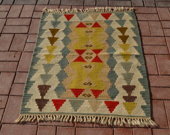 Turkish kilim, Yellow And Blue kilim, Entryway kilim, Wool kilim, Traditional kilim, Bedside kilim, Anatolian kilim, Home decor  2.66x3.61ft