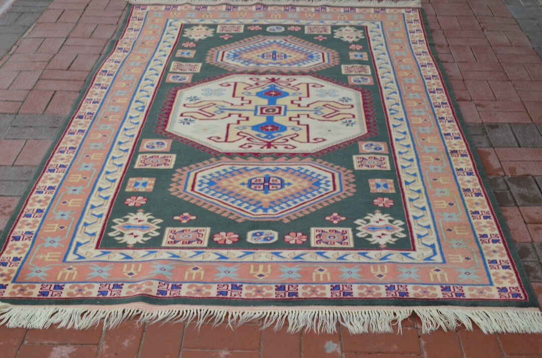 Large Green Carpet Vintage Rug Geometric Rug Area Rug Etsy