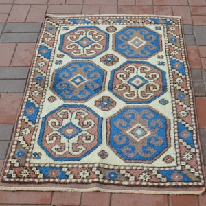 Small Kitchen rug, Blue Turkish rug, Rustic decor, Beige Small rug, Organic Wool rug, Muted carpet, Small Area rug, Floor carpet 2.63x4.10ft