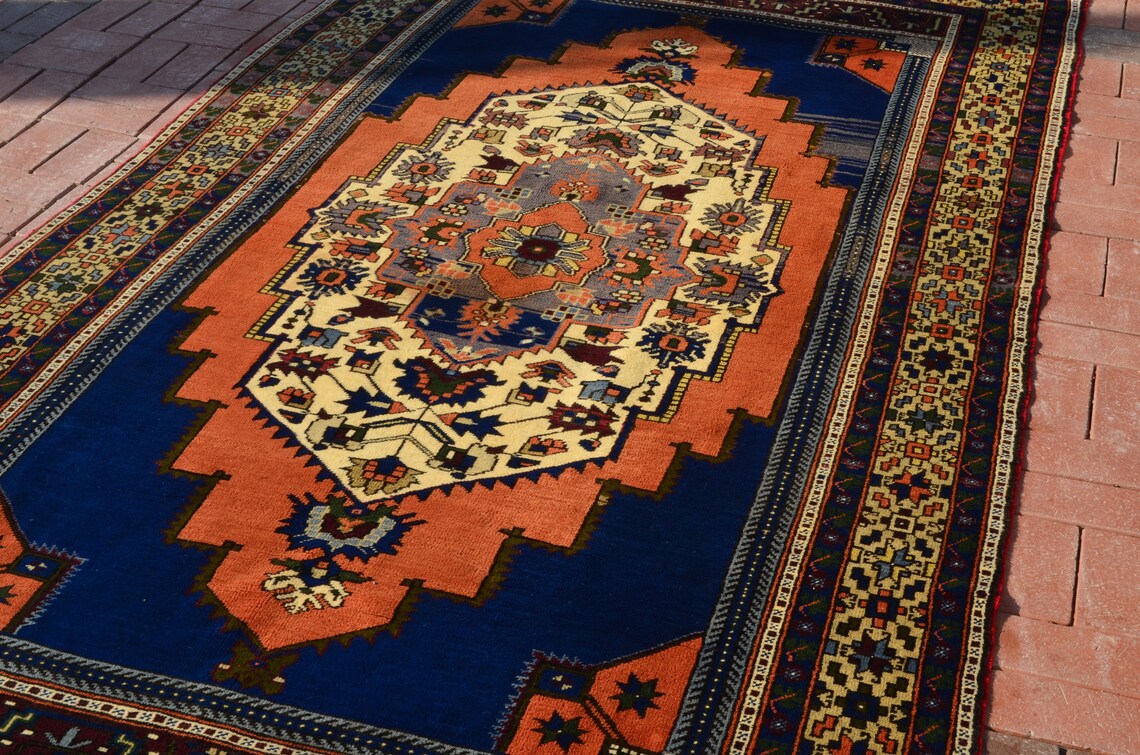 Oversize rug Navy Blue Orange rug Handmade rug Livingroom Etsy