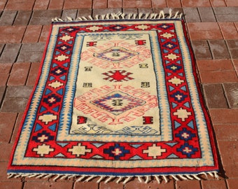 Turkish rug, Handmade rug, Beige rug, Entry carpet, Kitchen carpet, Kidsroom carpet, Small Area carpet, Geometric rug, Aztec rug 2.92x4.26ft