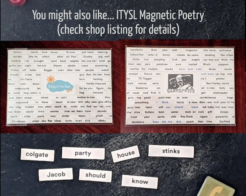 Op de afbeelding: Een set magnetische po&euml;zietegels met woorden als "colgate", "feest", "huis", "stinkt", "Jacob", "zou" en "weet". De tegels zijn wit met zwarte letters. De tegels zijn in een rasterpatroon gerangschikt. Er zijn twee sets tegels, een met woorden die betrekking hebben op het dagelijks leven en een met woorden die betrekking hebben op meer abstracte concepten.