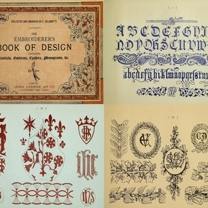 May include: A page from "The Embroiderer's Book of Design" featuring various embroidery patterns, including initials, crests, and floral motifs. The book was collected and engraved by F. Delamotte.