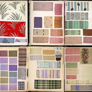 May include: A collection of fabric swatches in a variety of colors and patterns, including floral, geometric, and striped designs. The swatches are arranged in a grid pattern on a white background.