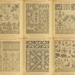 Op de afbeelding: Een vintage boek met borduurpatronen in kruissteek met verschillende ontwerpen, waaronder bloemenmotieven, geometrische vormen en dierillustraties. Het boek is getiteld "Album de Broderies au Point de Croix" en bevat de tekst "Page des Enfants" op een pagina.