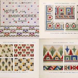 May include: A page from a DMC Library book featuring embroidery patterns. The page is titled "Motifs for Embroideries 6th Series" and shows various colorful embroidery designs.