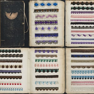 Puede incluir: Un libro de muestras de ribetes de tela. Las muestras están dispuestas en filas e incluyen una variedad de colores, patrones y texturas. El libro está abierto en varias páginas, mostrando una amplia selección de ribetes.