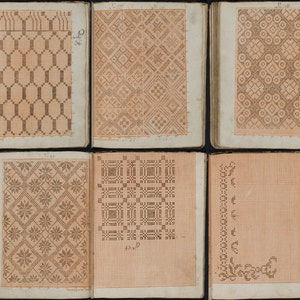 May include: A collection of open books displaying intricate needlework patterns. The pages feature various geometric and floral designs in a reddish-brown hue, created with small dots on a grid background. The designs include repeating shapes and borders.