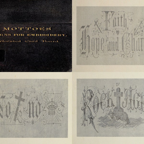 Devises et motifs pour la broderie, sur carton perforé, ebook d'échantillons de broderie vintage des années 1870, PDF
