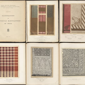 Könnte beinhalten: Ein Buch mit dem Titel "Illustrations of the Textile Manufactures of India" mit Bildern verschiedener Stoffarten, darunter ein rot-weiß kariertes Gewebe, ein blau-weißes Paisley-Gewebe und ein braun-weiß gestreiftes Gewebe.
