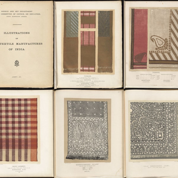 Illustrations of the textile manufactures of India, 1881. Vintage textiles sample ebook, Turbans, Indian Garments, PDF.