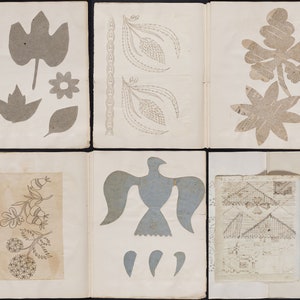 Puede incluir: Un libro antiguo con páginas de recortes de papel. Los recortes incluyen un pájaro, hojas, flores y patrones geométricos. El libro está abierto para mostrar los diferentes diseños.