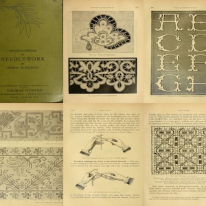 Könnte beinhalten: Ein altes Buch mit dem Titel "Enzyklopädie der Nadelarbeit" von Therese de Dillmont. Das Buch zeigt Illustrationen von Stickereien, Stricktechniken und verschiedenen Stickmustern.