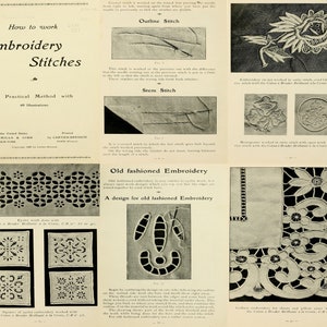 May include: A vintage book page with a guide to embroidery stitches. The page features illustrations of different stitches, including outline, stem, and old-fashioned embroidery. The text includes the title "How to work Embroidery Stitches" and "A Practical Method with 69 Illustrations".