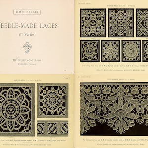 Op de afbeelding: Een zwart-witte afbeelding van naaldkantpatronen. De afbeelding is afkomstig uit een boek getiteld "Needle-Made Laces (1st Series)" door The De Dillmont, Editor, Mulhouse (Elzas).
