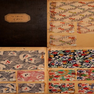 Puede incluir: Un libro de muestras de tela vintage con una cubierta negra y el texto "No 51000 L'M 1935". El libro contiene varias páginas de muestras de tela con varios patrones, incluyendo diseños florales, geométricos y abstractos. Las muestras son de varios colores, incluyendo rojo, azul, verde, amarillo y negro.