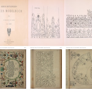 Op de afbeelding: Een vintage boek getiteld "Neues Modelbuch" van Andreas Bretschneider, uitgegeven in 1873 in Berlijn. Het boek bevat zwart-wit illustraties van ingewikkelde bloemmotieven.