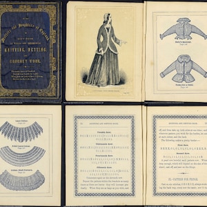 May include: A vintage book titled "Mistress and Maidens of England: A Ditty Book of Knitting, Netting, and Crochet Work." The book cover is blue with gold lettering and decorative borders. The book is open to pages showing knitting and crochet patterns, including a lace collar, a point lace collar, a collar with a shell pattern, and a baby's spencer.