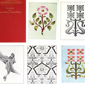 以下が含まれることがあります： 「Artistic and Decorative Stencilling」というタイトルの赤い本が、いくつかのステンシルデザインの隣に表示されています。デザインには、花柄、幾何学模様、様式化された鳥が含まれており、すべてさまざまな色合いです。