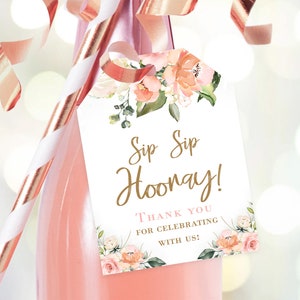 Bridal Shower Favor Tags, Sip Sip Hooray, Champagne or Wine Bottle Favor Tag, Thank you gift tag, Bride to be EDITABLE Instant Download,GD01