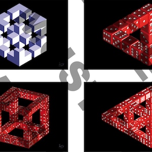 May include: Four images of optical illusions made from red dice. The first image shows a cube made of dice. The second image shows a triangle made of dice. The third image shows a cube made of dice. The fourth image shows a triangle made of dice.