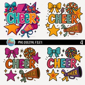 Preppy Cheer Mom Shirt Sublimation 4 Set, Cheerleader Coquette Png, Colorful Checker Bow Pom Pom Png, Cheer Season Png, Team Spirit Png