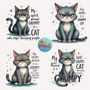 Grumpy Cat PNG Bundle, Funny Cat Clipart, Spirit Animal Design, Sarcastic Cat Art, Digital Download, Set of 4