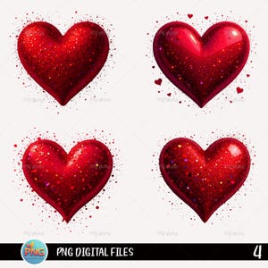 Sparkle rotes Herz PNG Set, Glitter Valentine Herzen Clipart, glänzendes Liebesherz Sublimationsdesign, 4 Dateien, digitaler Download
