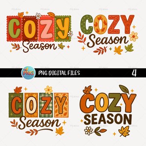 Op de afbeelding: Vier digitale ontwerpen met de woorden "COZY Season" in retrostijl. De ontwerpen bevatten herfstbladeren, bloemen en een verscheidenheid aan kleuren, waaronder oranje, groen en bruin. De tekst "PNG DIGITAL FILES" is ook aanwezig.