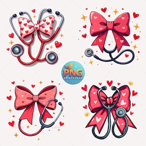 Nurse Stethoscope Bow PNG Bundle, Medical Clipart, Valentine&#39;s Heart Design, Digital Download, 4 Files, Commercial Use