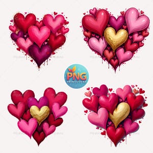 Valentine Herzen PNG Bundle, rot rosa Liebe Clipart, Glitter Herz Design, digitaler Download, Sublimation, 4er-Set