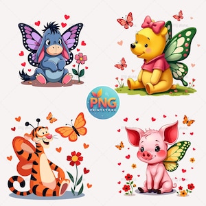 Paquete de 4 imágenes PNG de animales de hadas adorables, imágenes prediseñadas de alas de mariposa, imágenes prediseñadas de dibujos animados, cerdo, tigre, Pooh, descarga digital