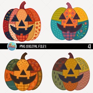 May include: Four digital images of patchwork pumpkins with smiling jack-o'-lantern faces. Each pumpkin features a different colour and pattern, including plaid, floral, and leaf designs. The text "PNG DIGITAL FILES" is visible.