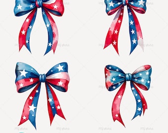 Watercolor Patriotic Bow Clipart: 4th of July PNG Bundle (Digital Download)