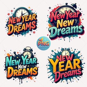 Nyårsdrömmar PNG-paket: Grafik för firandet 2024 (digital nedladdning)