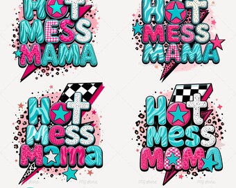Hot Mess Mama Sublimation PNG Bundle: 4 Trendy Mom Designs, Leopard Print, Instant Download