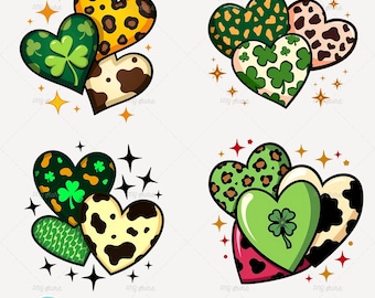 Paquete PNG de corazones del Día de San Patricio, estampado de trébol, leopardo y vaca, diseños de sublimación, descarga digital