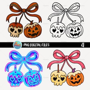 Op de afbeelding: Vier digitale illustraties met Halloween-thema. Elk heeft een strik met een paar hangende objecten: een schedelvormige snoepappel en een pompoen. De ontwerpen omvatten kleur, zwart-wit, neon en een zachter kleurenpalet. Tekst: PNG DIGITAL FILES.
