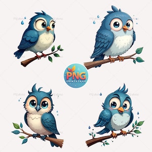 May include: Four cartoon bluebirds with large eyes are perched on branches with green leaves. The birds are facing different directions and have different expressions.